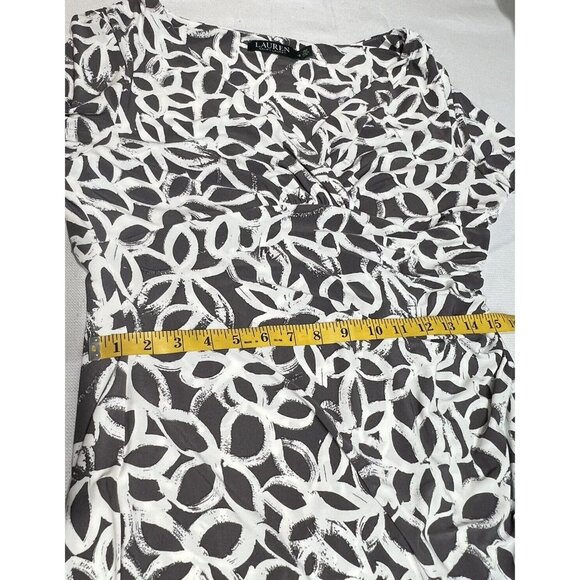 Lauren Ralph Lauren Faux Wrap Dress Size 12 Ruched Floral Abstrast Gray V Neck - Picture 7 of 14